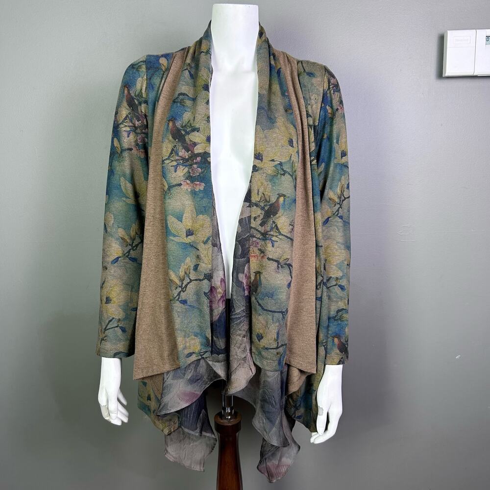 Soft Surroundings cardigan medium nature artsy birds floral pastel shawl collar